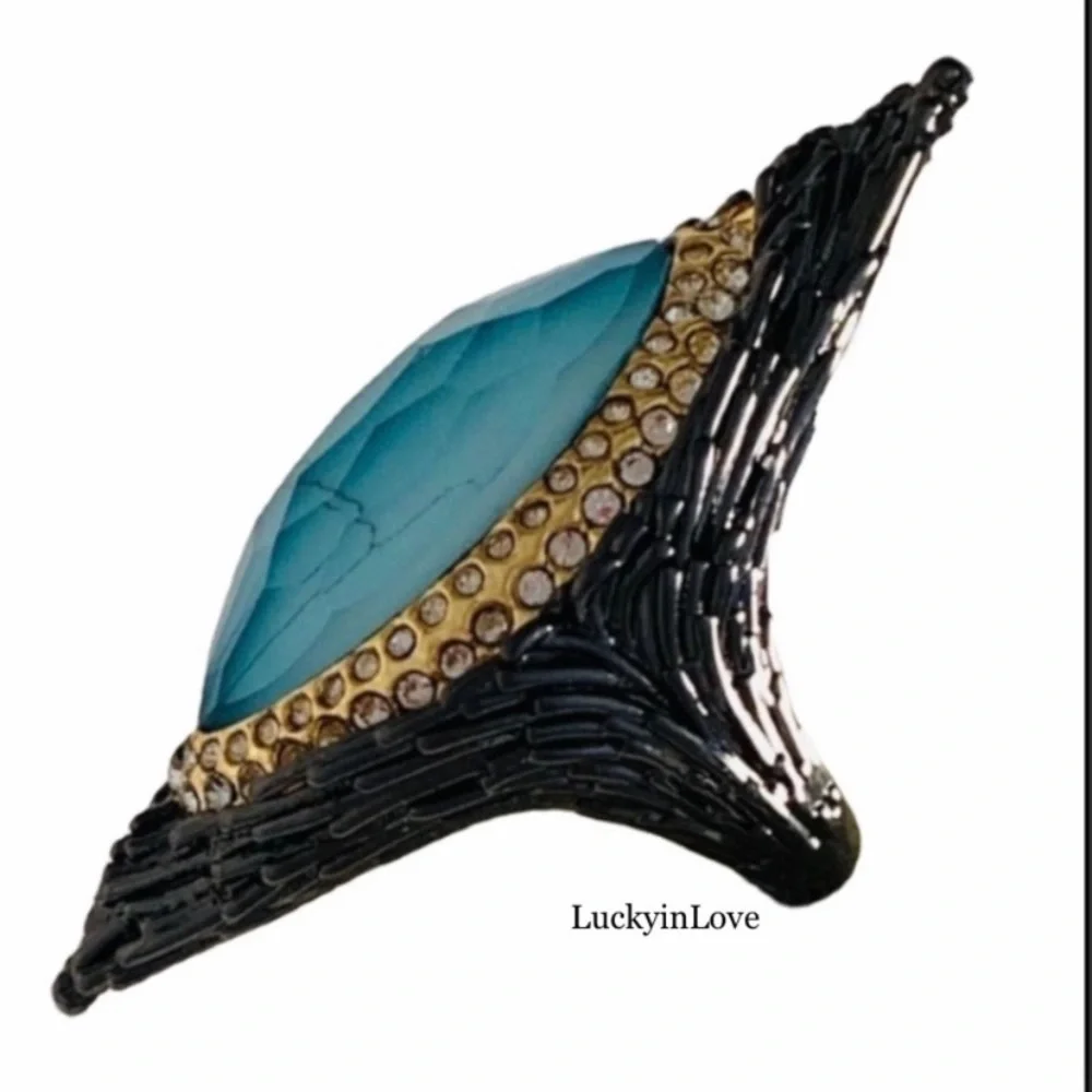 ALEXIS BITTAR Black Gunmetal Gold Doublet Turquoise Stone Maldivian Feather Ring